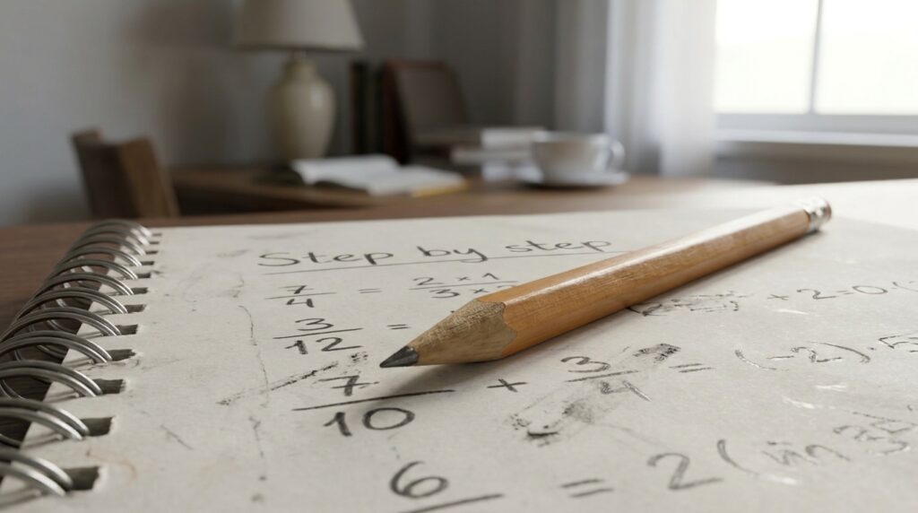 Lápis de madeira sobre um caderno espiral aberto contendo cálculos manuais de frações.