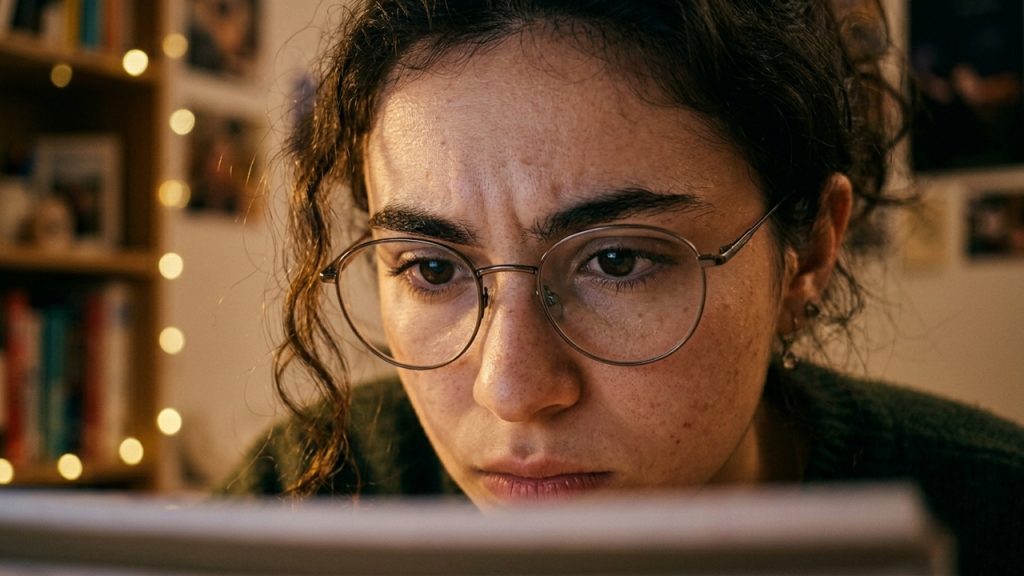 Pessoa usando óculos estuda concentrada em frente ao computador, em ambiente interno com livros e luzes ao fundo.