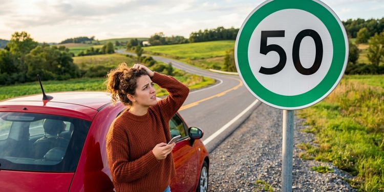 Motorista confusa observa placa de velocidade máxima de 50 km/h ao lado de carro vermelho em estrada rural.
