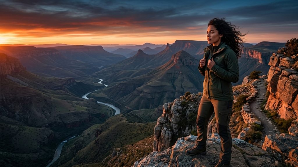 Mulher observa paisagem de cânion ao pôr do sol, em cenário de montanhas, rio e penhascos, simbolizando coragem e superação.