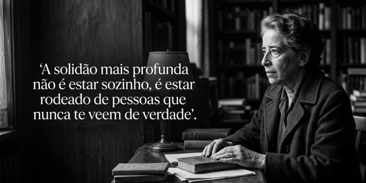 Mulher pensativa em biblioteca aparece em imagem preto e branco ao lado de frase em português sobre solidão e invisibilidade emocional.