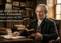 Ilustração de Immanuel Kant em uma biblioteca antiga, segurando um livro ao lado de frase sobre tratar a humanidade como um fim.