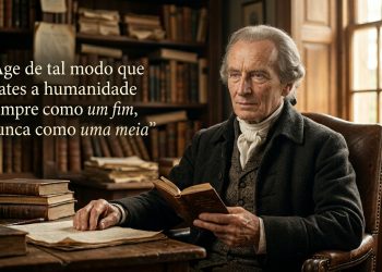 Ilustração de Immanuel Kant em uma biblioteca antiga, segurando um livro ao lado de frase sobre tratar a humanidade como um fim.