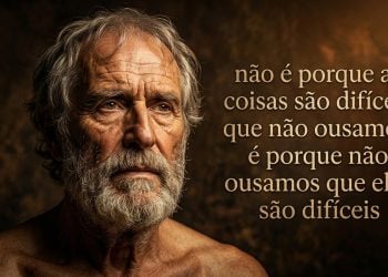 Representação artística de Sêneca com frase sobre coragem, dificuldade e ousadia em fundo escuro.