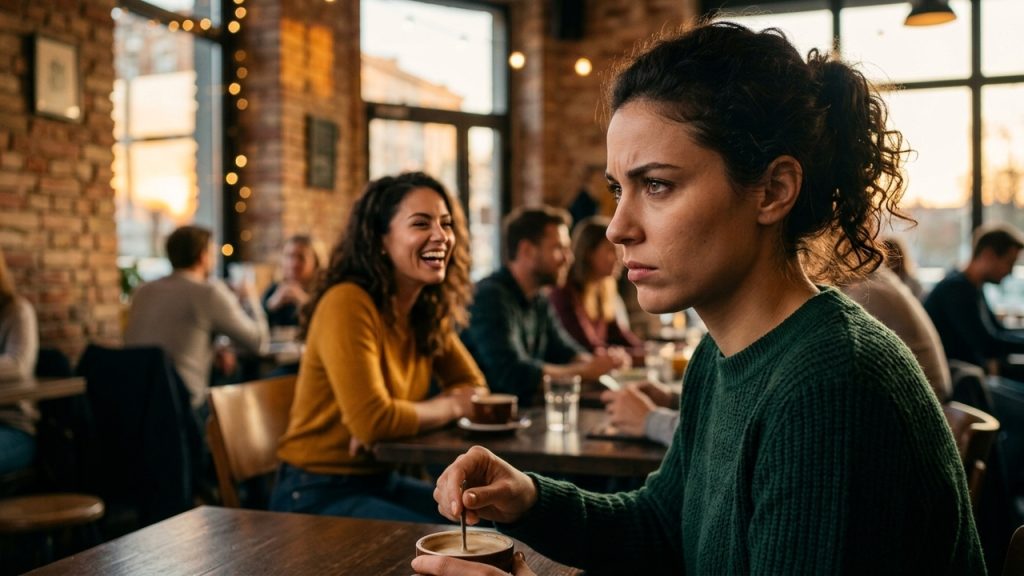 Mulher sentada sozinha em cafeteria movimentada, com expressão séria, enquanto outras pessoas conversam ao fundo.