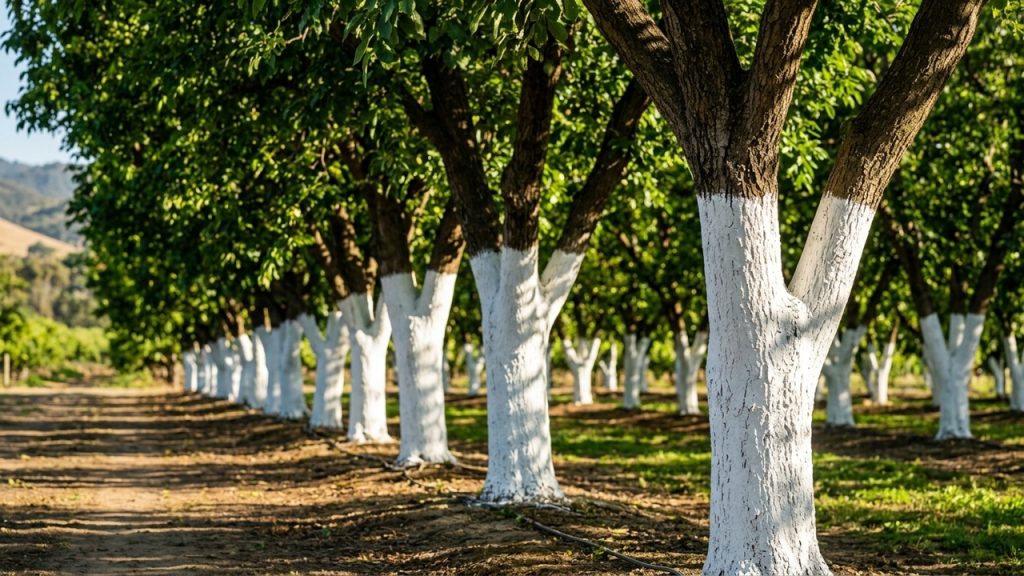 Fileira de árvores com troncos pintados de branco em área verde arborizada, formando corredor natural com sombra.
