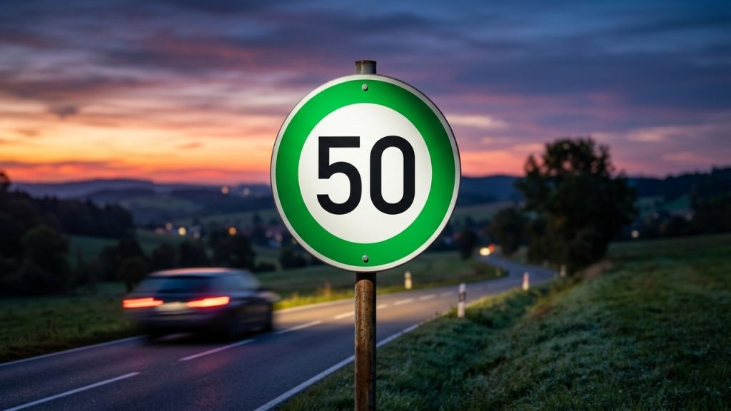 Placa de trânsito circular com número 50 e borda verde em estrada rural ao entardecer, com carro passando ao fundo.