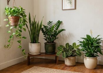 Agrupamento harmonioso de várias plantas de interior no canto de uma sala com piso de madeira. Da esquerda para a direita, vemos uma Jiboia suspensa, uma Espada-de-São-Jorge, uma Zamioculca, uma Maranta e um Lírio-da-paz, arranjadas em diferentes vasos e alturas.