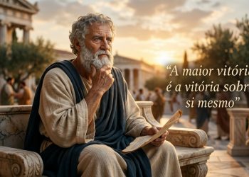 Ilustração de Platão em cenário da Grécia Antiga, segurando um pergaminho ao lado da frase “A maior vitória é a vitória sobre si mesmo”.