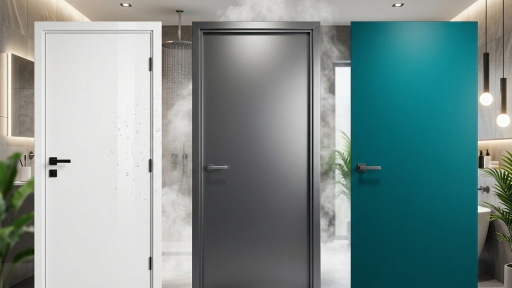 Três portas modernas para banheiro aparecem lado a lado em ambiente sofisticado, com opções em branco, cinza e azul-petróleo.