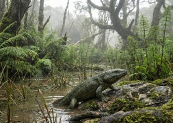 Ilustração realista de um tetrápode primitivo, semelhante a um grande réptil anfíbio, emergindo da água rasa para a margem de terra em uma floresta enevoada repleta de samambaias e vegetação antiga.