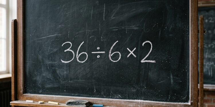 Quadro-negro escolar tradicional com moldura de madeira apresentando a expressão matemática 36 ÷ 6 x 2 escrita centralizada com giz branco. Na base de madeira, encontram-se gizes coloridos e um apagador.