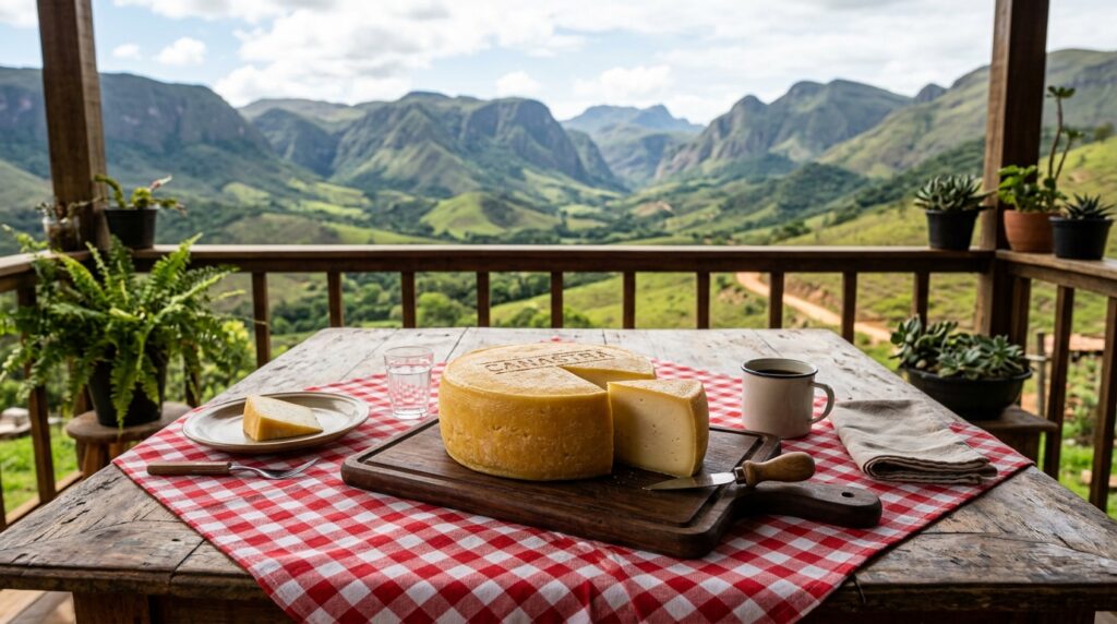 Mesa rústica de madeira forrada com toalha xadrez vermelha e branca na varanda de uma fazenda. No centro, um queijo Canastra amarelo e consistente em uma tábua, com uma fatia cortada, acompanhado de uma caneca de café e um copo pequeno, tendo os grandes paredões rochosos da Serra da Canastra ao fundo.