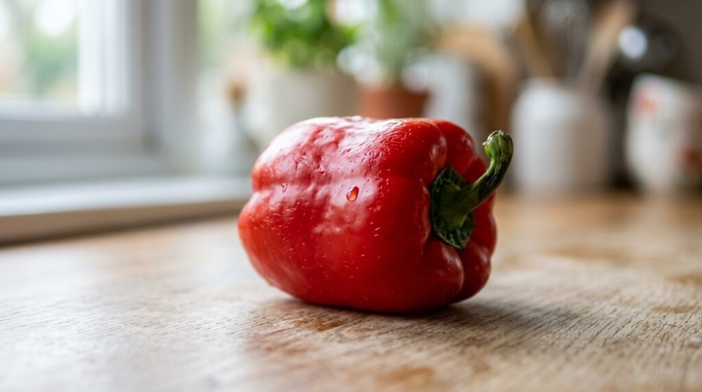 Pimentão vermelho inteiro, brilhante e com pequenas gotas de água, repousando sobre uma bancada de cozinha de madeira clara. O fundo mostra utensílios e uma janela iluminada e desfocada.
