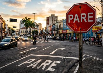 Placa vermelha de PARE em cruzamento urbano movimentado, com carros, pedestres e comércio ao fundo.