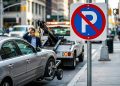 Carro sendo guinchado em via urbana ao lado de placa de proibido estacionar, enquanto motorista observa preocupado.