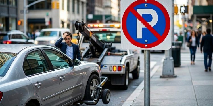 Carro sendo guinchado em via urbana ao lado de placa de proibido estacionar, enquanto motorista observa preocupado.