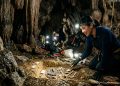 Pesquisadora realiza escavação arqueológica dentro de caverna, com ferramentas, lanternas e vestígios no solo.