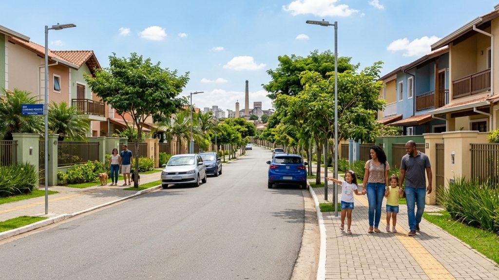 Rua residencial arborizada com famílias caminhando na calçada, casas organizadas, carros estacionados e área urbana tranquila ao fundo.
