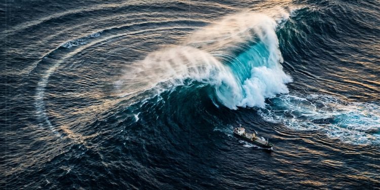 Onda gigante no oceano vista do alto, com navio cargueiro próximo e mar agitado em cenário de risco marítimo.