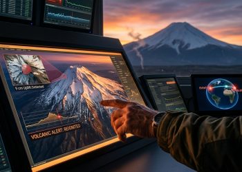 Pesquisador analisa dados de satélite sobre atividade vulcânica em sala de monitoramento, com vulcão ao fundo e alerta de elevação do solo na tela.