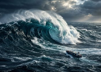 Navio de carga enfrenta ondas gigantes em alto-mar durante tempestade, sob céu escuro e mar agitado.