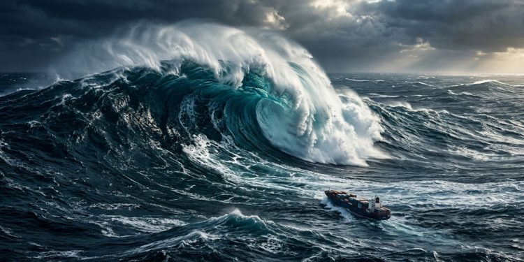 Navio de carga enfrenta ondas gigantes em alto-mar durante tempestade, sob céu escuro e mar agitado.