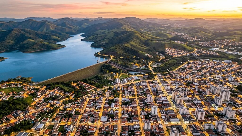 Imagem mostra um parque urbano com lago, pista para caminhada e ciclismo, árvores, postes de iluminação e prédios ao fundo. A cena é adequada para conteúdos sobre cidades paulistas, qualidade de vida, áreas verdes, lazer ao ar livre, urbanismo, segurança, turismo local, desenvolvimento urbano e bem-estar.