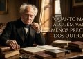 Homem em traje clássico aparece sentado em biblioteca antiga, ao lado de livros e frase em português sobre valor pessoal e independência.