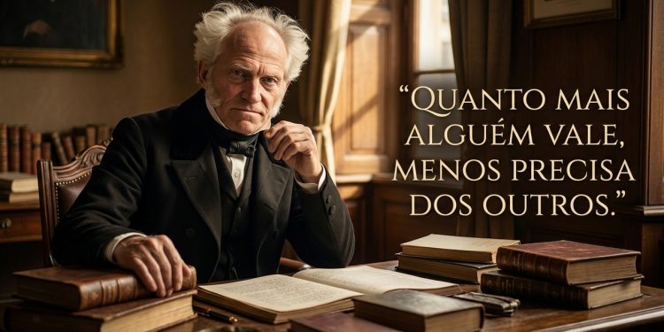 Homem em traje clássico aparece sentado em biblioteca antiga, ao lado de livros e frase em português sobre valor pessoal e independência.