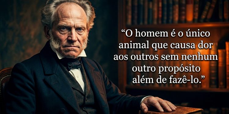 Homem sério em biblioteca clássica aparece ao lado de frase em português sobre crueldade humana e sofrimento causado aos outros.