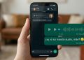 Uma mão segurando um iPhone com a tela exibindo um chat do WhatsApp no modo escuro com a "Mãe". A conversa contém mensagens de áudio trocadas entre os dois e um texto do filho perguntando: "pq vc só manda áudio, mãe?" acompanhado de emojis de cansaço e dúvida. Uma sala de estar aparece desfocada ao fundo.