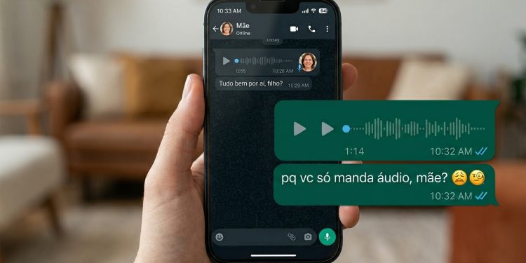 Uma mão segurando um iPhone com a tela exibindo um chat do WhatsApp no modo escuro com a "Mãe". A conversa contém mensagens de áudio trocadas entre os dois e um texto do filho perguntando: "pq vc só manda áudio, mãe?" acompanhado de emojis de cansaço e dúvida. Uma sala de estar aparece desfocada ao fundo.