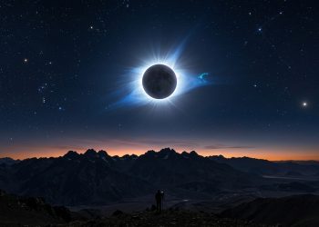 Eclipse solar total ilumina o céu estrelado sobre montanhas, com a coroa solar brilhando ao redor da Lua e uma pessoa observando a paisagem.