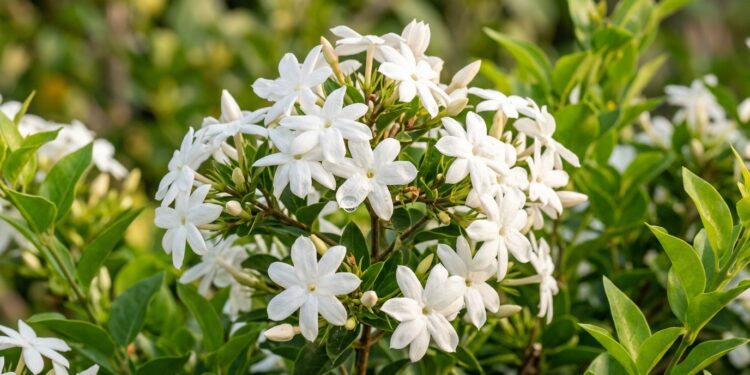 Cacho volumoso de flores brancas de jasmim-estrela em pleno formato de estrela, cercado por folhas verdes brilhantes e saudáveis sob luz natural clara.