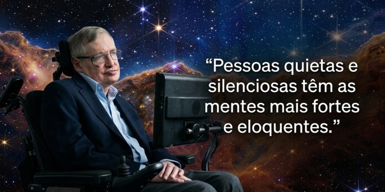 Homem em cadeira de rodas aparece diante de cenário cósmico estrelado, ao lado de frase em português sobre pessoas quietas e mentes fortes.