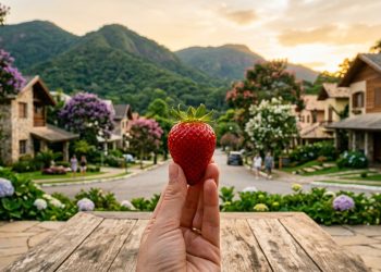 Mão segura morango maduro em frente a mesa de madeira, com casas, jardins floridos e montanhas ao fundo ao entardecer.