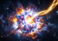 Explosão cósmica colorida em meio ao espaço, com nuvem brilhante de energia, estrelas ao redor e feixe luminoso atravessando a cena.