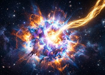 Explosão cósmica colorida em meio ao espaço, com nuvem brilhante de energia, estrelas ao redor e feixe luminoso atravessando a cena.