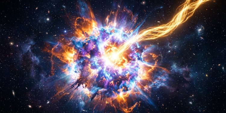 Explosão cósmica colorida em meio ao espaço, com nuvem brilhante de energia, estrelas ao redor e feixe luminoso atravessando a cena.