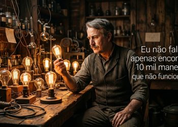 Homem em laboratório antigo observa lâmpada acesa, cercado por equipamentos e outras lâmpadas, ao lado de frase sobre tentativa, erro e persistência.