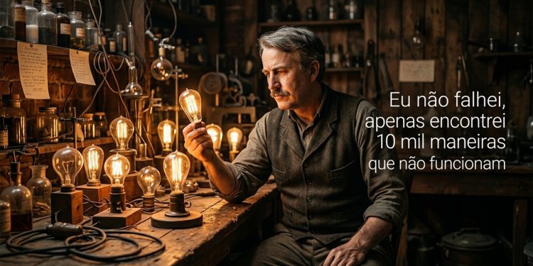 Homem em laboratório antigo observa lâmpada acesa, cercado por equipamentos e outras lâmpadas, ao lado de frase sobre tentativa, erro e persistência.
