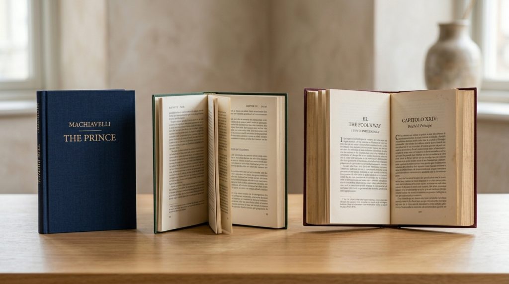 Três edições do livro O Príncipe de Maquiavel sobre uma mesa de madeira clara, com um exemplar de capa azul escura fechado e dois abertos exibindo as páginas impressas.