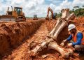 Trabalhador com capacete examina grandes ossos fossilizados encontrados em escavação com máquinas pesadas ao fundo.