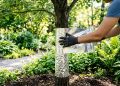 Pessoa envolve tronco de árvore com papel alumínio em jardim, cercado por plantas e vegetação verde.