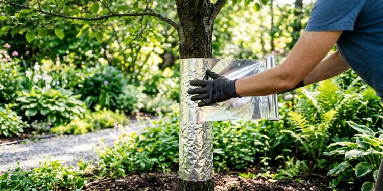 Pessoa envolve tronco de árvore com papel alumínio em jardim, cercado por plantas e vegetação verde.