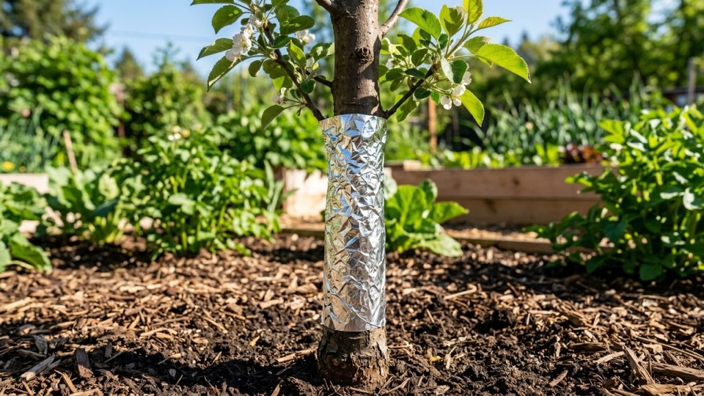 Tronco de árvore frutífera envolvido com papel alumínio em jardim, cercado por plantas, terra e vegetação verde.
