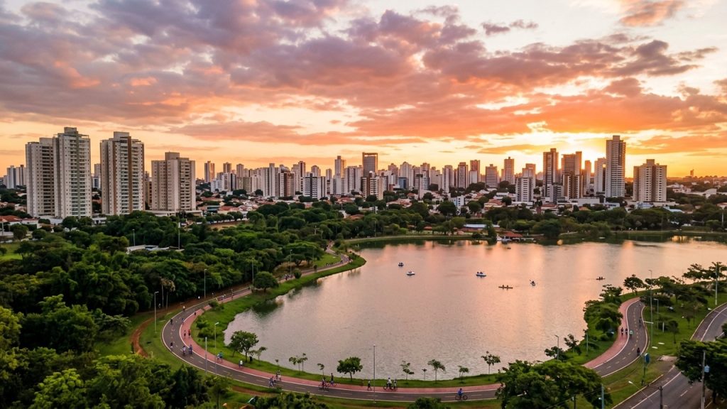 Vista aérea de Uberlândia ao pôr do sol, com lago, parque urbano, ciclovia, áreas verdes e prédios no horizonte.