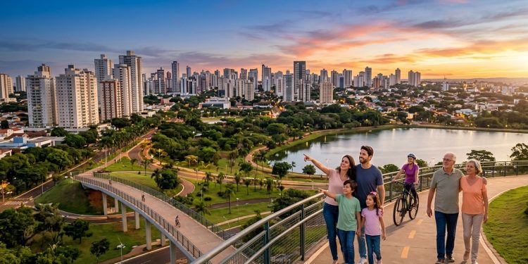 Família e idosos caminham em passarela elevada com vista para lago, parque urbano, ciclovia e skyline de Uberlândia ao pôr do sol.
