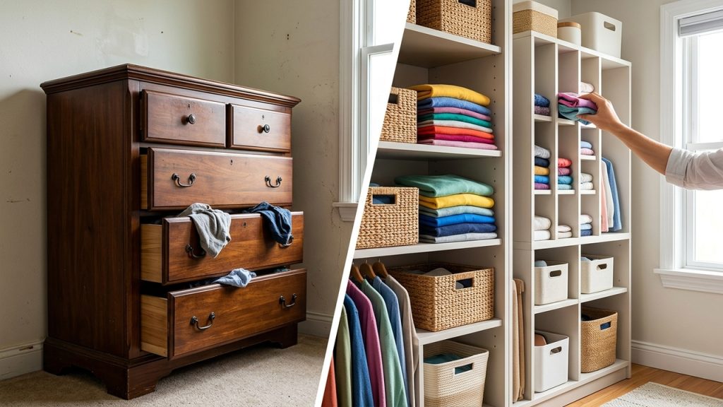 Comparação entre cômoda antiga com gavetas abertas e solução vertical de organização com prateleiras, nichos, roupas dobradas e cestos.